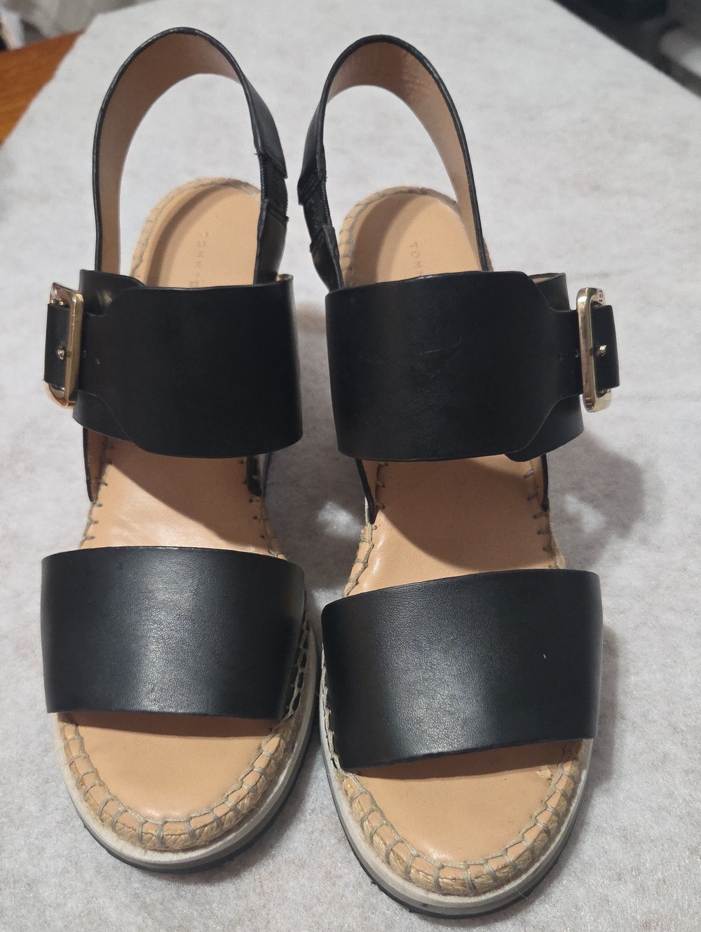 Tommy Hilfiger Black Leather Espadrille Wedge Sandals